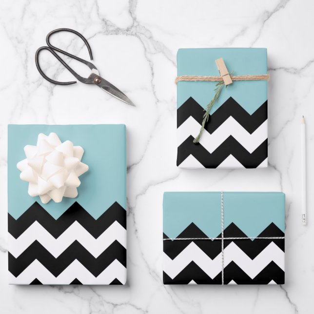 Black and White Zigzag Pattern, Chevron, Blue Wrapping Paper Sheet (Front)