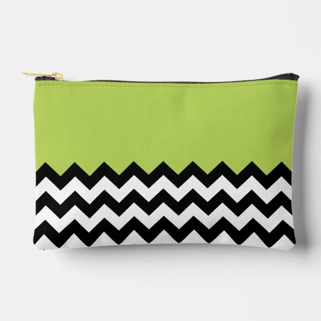 Black and White Zigzag Pattern, Chevron, Green Accessory Pouch (Front)