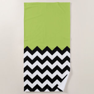 Black and White Zigzag Pattern, Chevron, Green Beach Towel