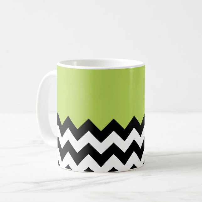 Black and White Zigzag Pattern, Chevron, Green Coffee Mug (Front Left)