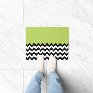 Black and White Zigzag Pattern, Chevron, Green Doormat
