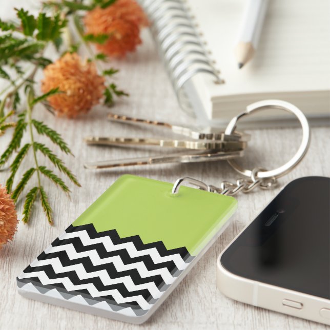 Black and White Zigzag Pattern, Chevron, Green Key Ring (Front Right)