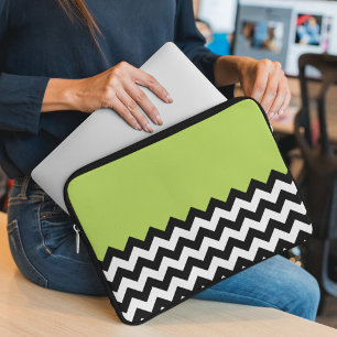 Black and White Zigzag Pattern, Chevron, Green Laptop Sleeve