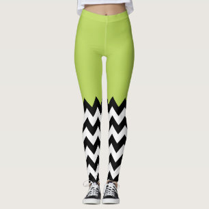 Black and White Zigzag Pattern, Chevron, Green Leggings
