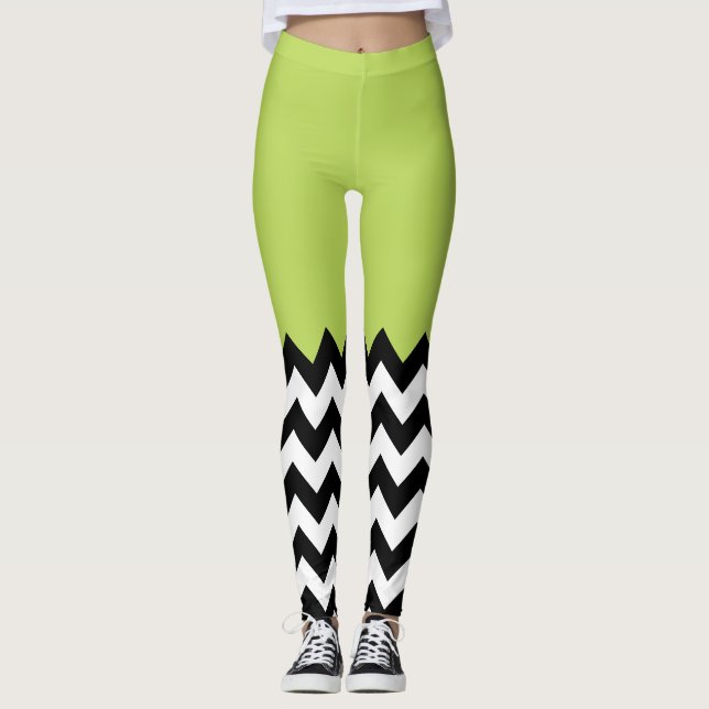 Black and White Zigzag Pattern, Chevron, Green Leggings (Front)