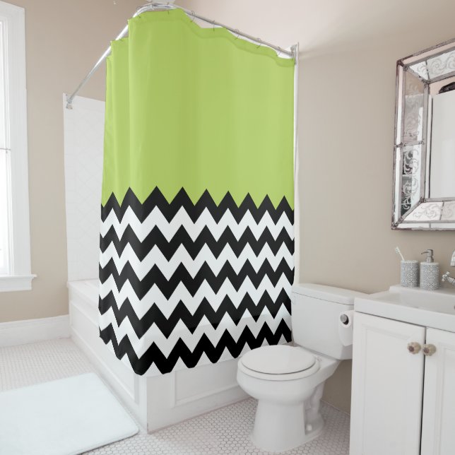 Black and White Zigzag Pattern, Chevron, Green Shower Curtain (In Situ)