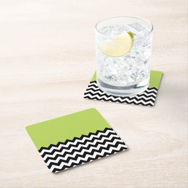 Black and White Zigzag Pattern, Chevron, Green Square Paper Coaster (Insitu)