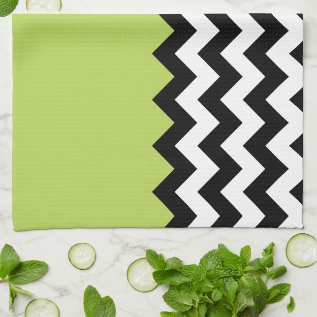 Black and White Zigzag Pattern, Chevron, Green Tea Towel (Folded)