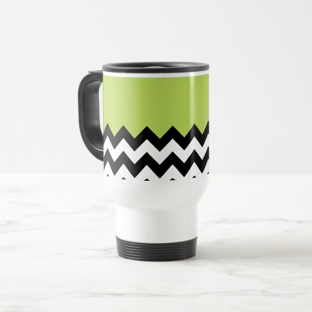 Black and White Zigzag Pattern, Chevron, Green Travel Mug (Front Left)