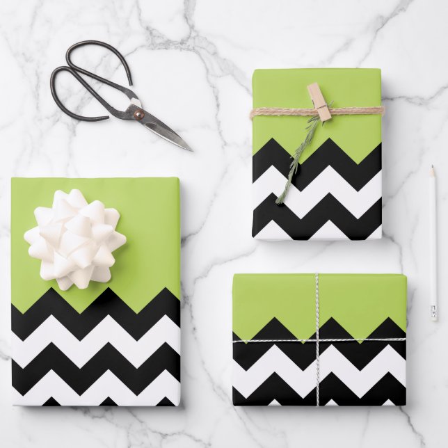 Black and White Zigzag Pattern, Chevron, Green Wrapping Paper Sheet (Front)