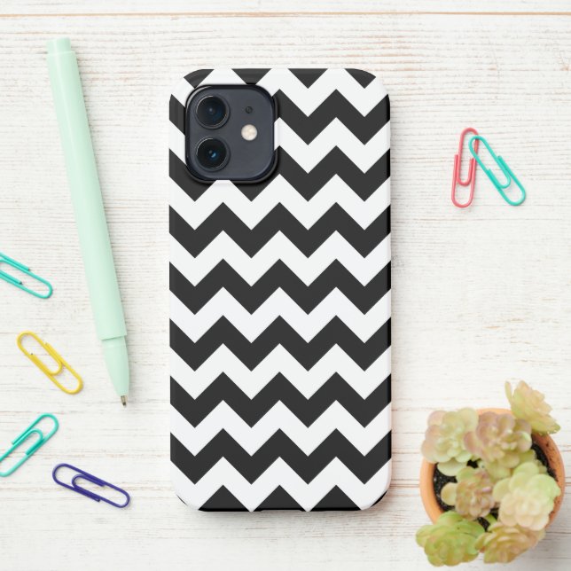 Black and White Zigzag Pattern, Chevron Pattern iPhone Case (On Desk)