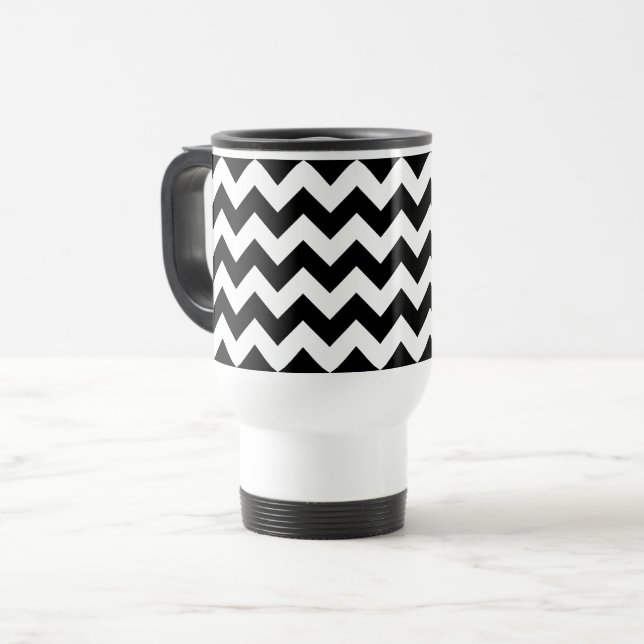 Black and White Zigzag Pattern, Chevron Pattern Travel Mug (Front Left)