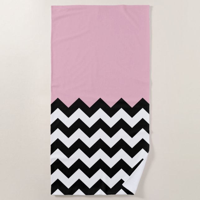 Black and White Zigzag Pattern, Chevron, Pink Beach Towel (Front)