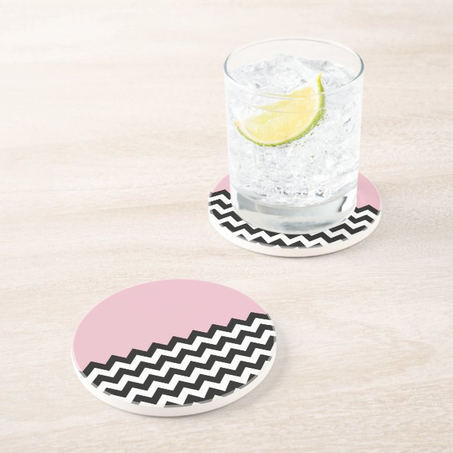 Black and White Zigzag Pattern, Chevron, Pink Coaster (Side)