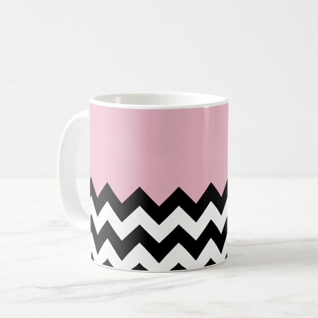 Black and White Zigzag Pattern, Chevron, Pink Coffee Mug (Front Left)