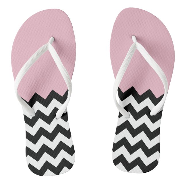 Black and White Zigzag Pattern, Chevron, Pink Flip Flops (Footbed)