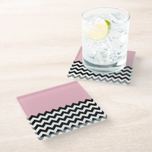 Black and White Zigzag Pattern, Chevron, Pink Glass Coaster
