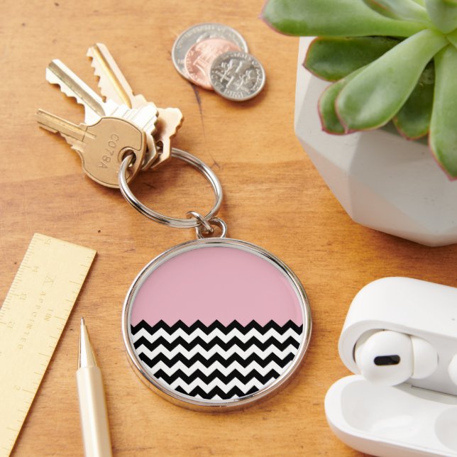 Black and White Zigzag Pattern, Chevron, Pink Key Ring (Desk)