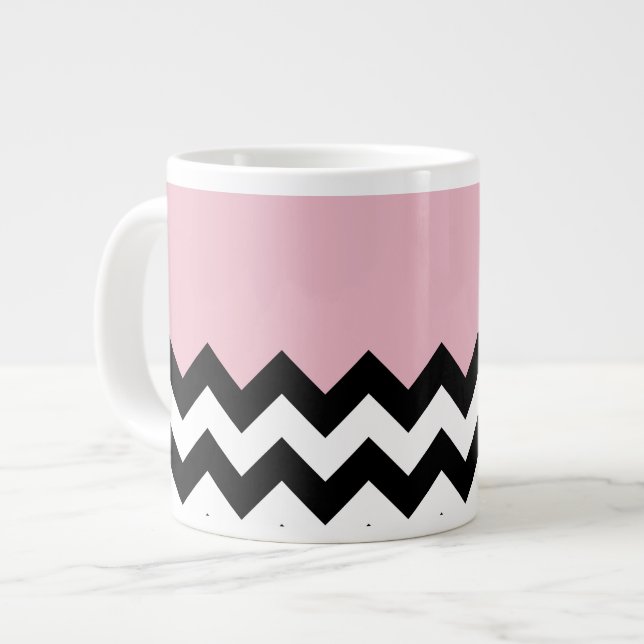 Black and White Zigzag Pattern, Chevron, Pink Large Coffee Mug (Front Left)