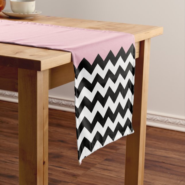 Black and White Zigzag Pattern, Chevron, Pink Medium Table Runner (In Situ)