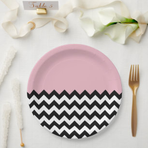 Black and White Zigzag Pattern, Chevron, Pink Paper Plate