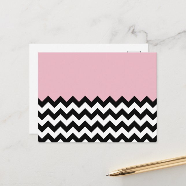 Black and White Zigzag Pattern, Chevron, Pink Postcard (Front/Back In Situ)