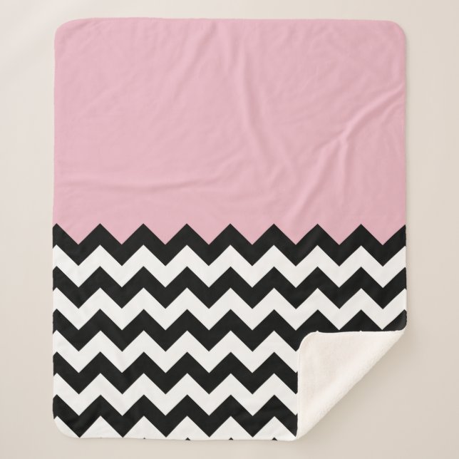 Black and White Zigzag Pattern, Chevron, Pink Sherpa Blanket (Front)