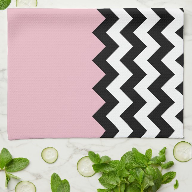 Black and White Zigzag Pattern, Chevron, Pink Tea Towel (Folded)