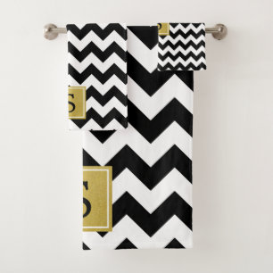 Black and White Zigzag Pattern, Monogram Bath Towel Set