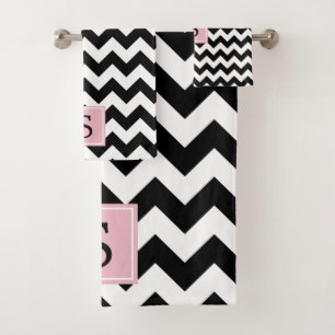 Black and White Zigzag Pattern, Monogram Bath Towel Set