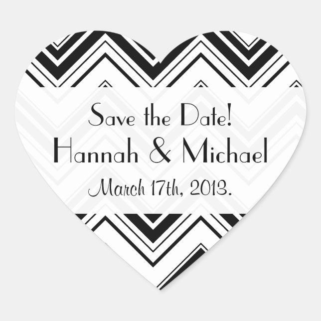 Black and White Zigzag Pattern, Save The Date Heart Sticker (Front)