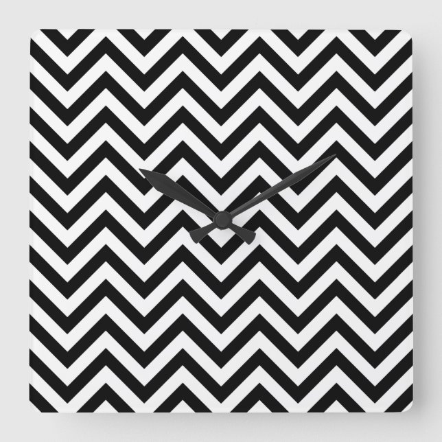 Black and White Zigzag Stripes Chevron Pattern Square Wall Clock (Front)