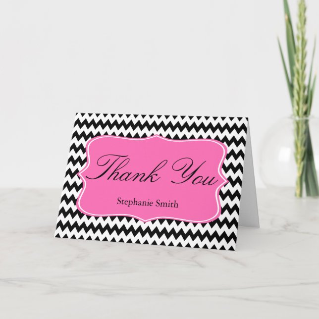 Black and White Zigzag with Hot Pink Bridal Shower Thank You Card (Front)