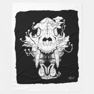 Black and whiteTiger skull and moth Fleece Blanket