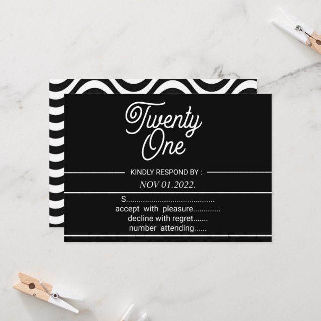 Black and Withe Modern 21st Birthday Party  Invitation (Front/Back In Situ)