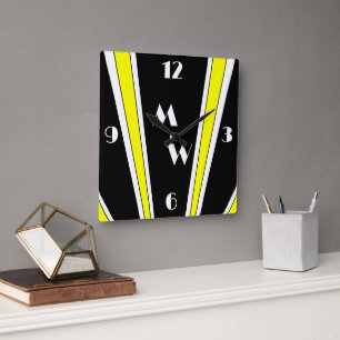 Black And Yellow Art Deco Design Monogrammed Square Wall Clock