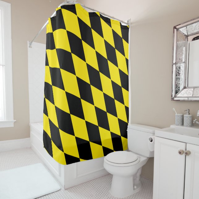 Black and Yellow Bavaria Diamond Flag Pattern Shower Curtain (In Situ)