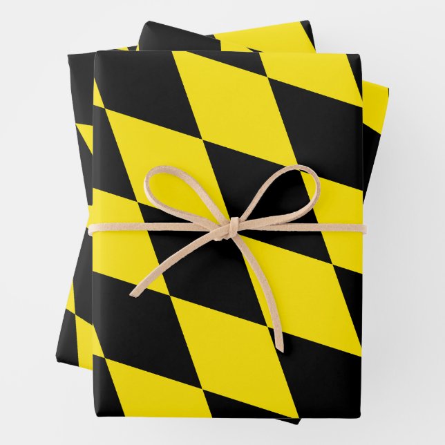 Black and Yellow Bavaria Diamond Flag Pattern Wrapping Paper Sheet (In situ)