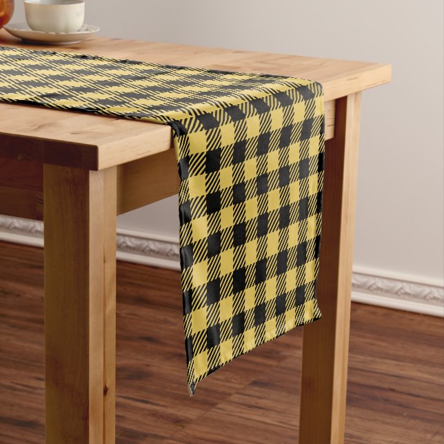 Black and Yellow Bee-Stripes Gingham Buffalo Plaid Short Table Runner (In Situ)