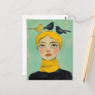 Black and Yellow Birds on Her Head Postcard