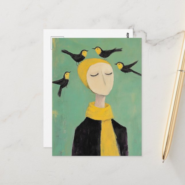 Black and Yellow Birds on Her Head Whimsy Painting Postcard (Front/Back In Situ)