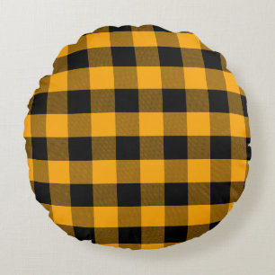 Black and Yellow Buffalo Plaid Pattern Round Cushion
