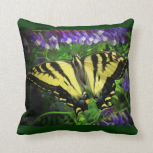 Black and Yellow Butterfly Blue Flowers Cushion