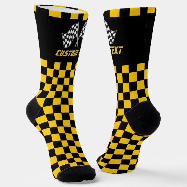 Black and Yellow Chequered Racing Flags  Socks (Angled)