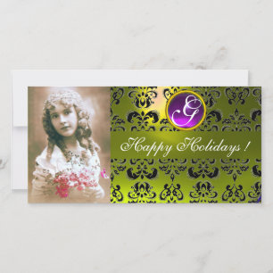 BLACK AND YELLOW DAMASK Amethyst Monogram Holiday Card