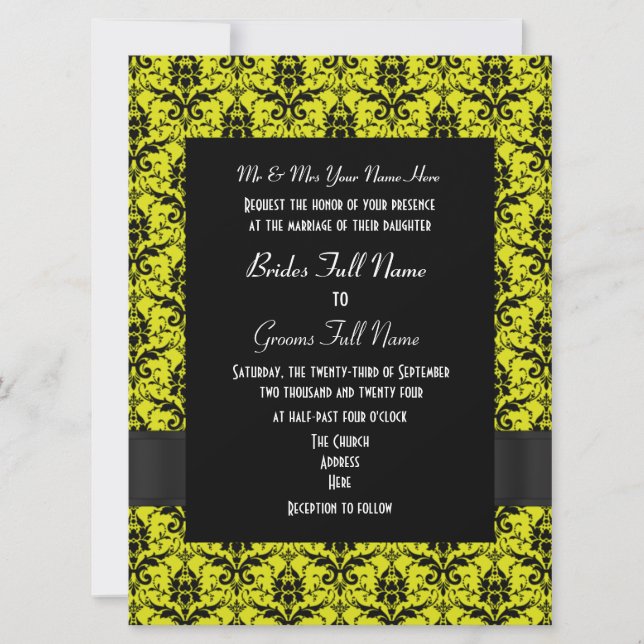 Black and yellow damask formal wedding invitation (Front)
