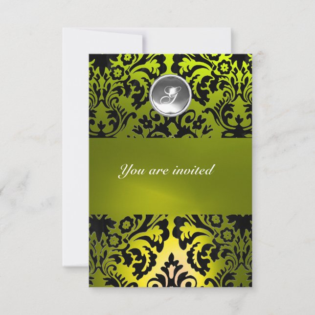 BLACK AND YELLOW DAMASK GEM STONE MONOGRAM INVITATION (Front)