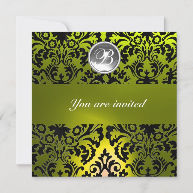 BLACK AND YELLOW DAMASK GEM STONE MONOGRAM INVITATION (Front)