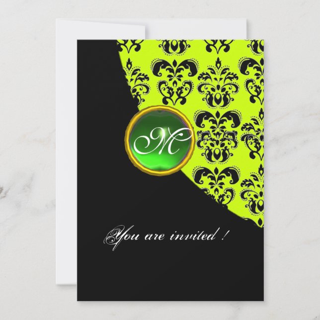 BLACK AND YELLOW DAMASK MONOGRAM,emerald green Invitation (Front)