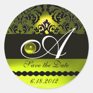BLACK AND YELLOW DAMASK MONOGRAM, Topaz Classic Round Sticker